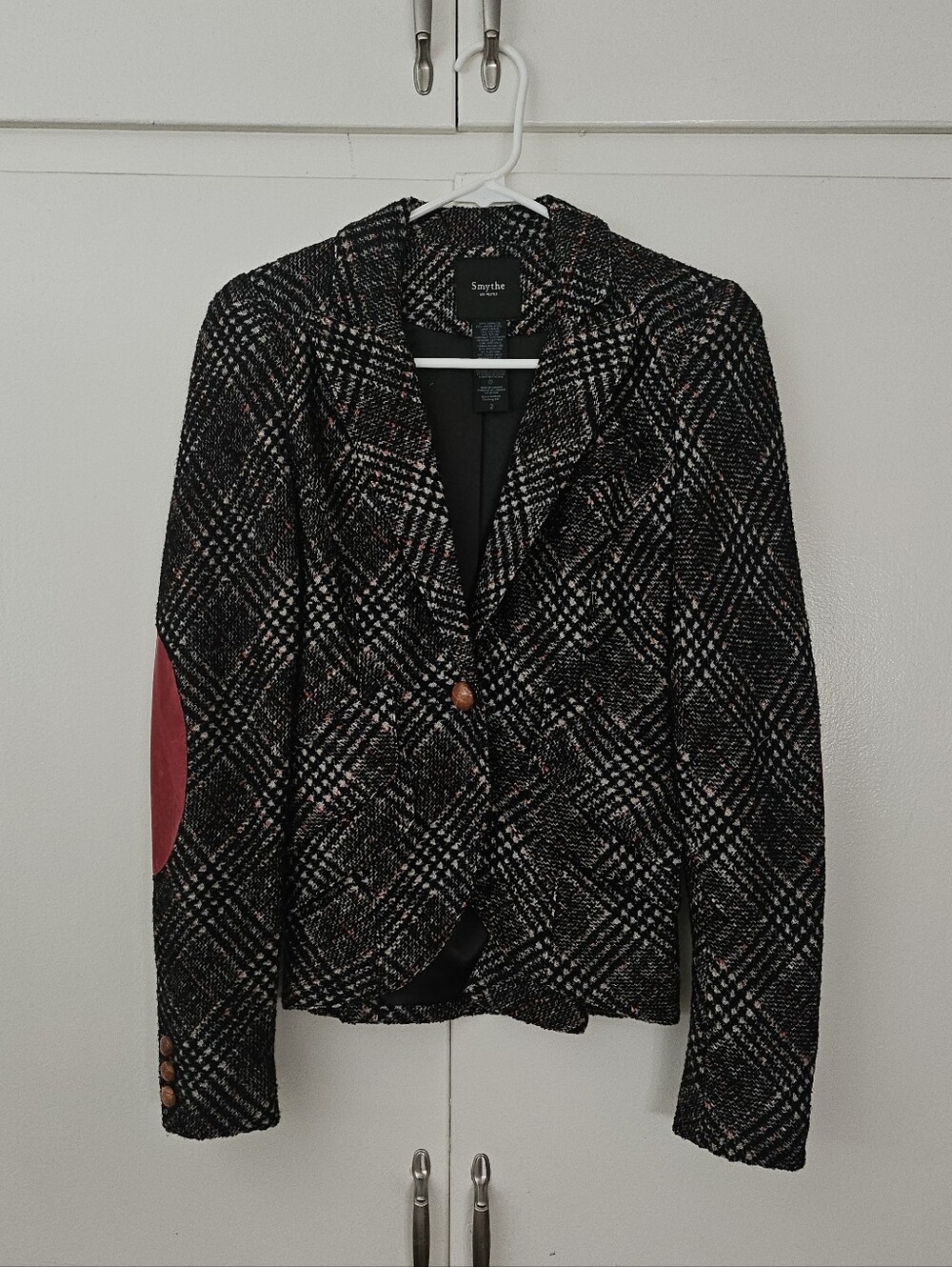 Smythe tweed blazer with red leather elbow patch